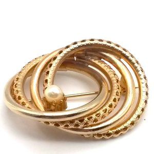 Brooch Vintage Layered Rings Pin Faux Pearl Gold Spiraled MCM Fashion Hollywood